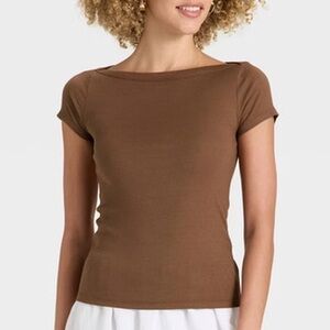 A New Day Brown Ribbed Boat Neck Long Sleeve Top Large Fitted